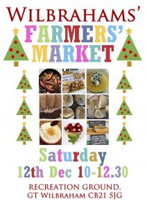 Poster with information about the Wilbrahams' Farmers' Market on 12th December from 10-12.30