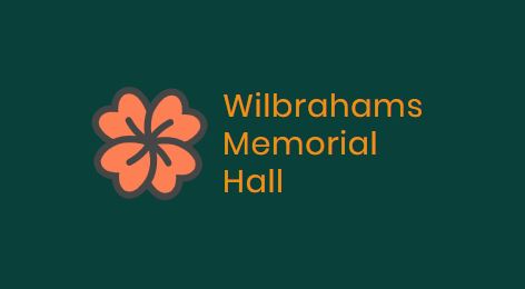 Image of the Wilbrahams' Memorial Hall Logo. Orange flower on dark green background with Wilbrahams Memorial Hall in orange.
