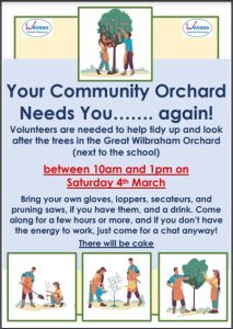 Image of poster with details for the volunteer day at the Community Orchard. Text and images of tree pruning