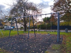 Image of the swings in the playground, leaves on the ground and trees without leaf.