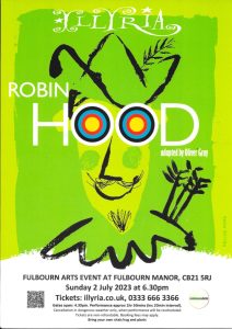 Poster with text and image of Robin Hood in green, black and white.