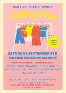 Clothing Swap poster with text and sketches of clothes on a rack on a pink background