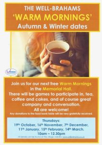 Warm Mornings poster with text and image of woman holding a mug