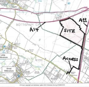 Map showing the location of the Solar site between the A14 and A11