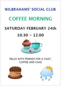 Text and clip art images of coffee and cake and clouds on white background. Text appears alongside