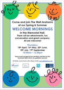 Poster for Welcome Mornings dates with text on white background with green border and multiple coloured smiley faces