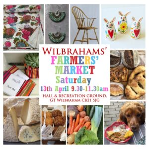 Montage of ten images showing produce and crafts available with coloured text on white background showing date and timings for the Farmers Market