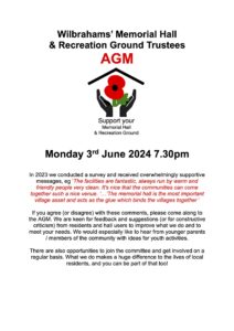 Poster for the WIlbrahams' Memorial Hall AGM with black and red text on white background and the Support Your Memorial Hall and Recreation Ground logo