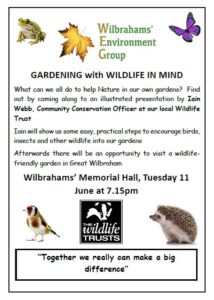Poster with text and images of bird, butterfly, hedgehog and frog and Wildlife Trust logo on white background