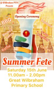 Poster with hand holding Olympic torch and with Summer Fete Text