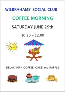 Poster on white with text as alongside and clip art images of coffee, cake and picnic table and sun