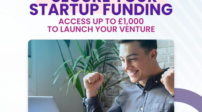 Young man in front of a laptop screen raising his arms in celebration. Promoting securing funding for your enterprise idea