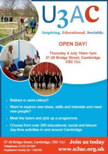 U3AC poster promoting the Open Day on 4 July 2024.