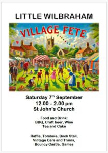 Poster with a painted image of a village church and stalls for Little Wilbraham Village Fete poster and including times etc